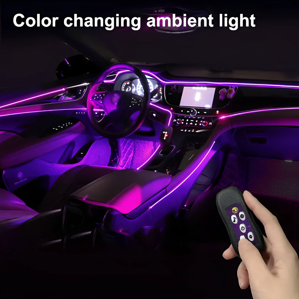 Car interior USB LED atmosphere light with colour-changing function installed along centre console