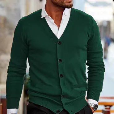 Men's slim fit acrylic cardigan sweater in a range of colours including black, grey, and wine red.