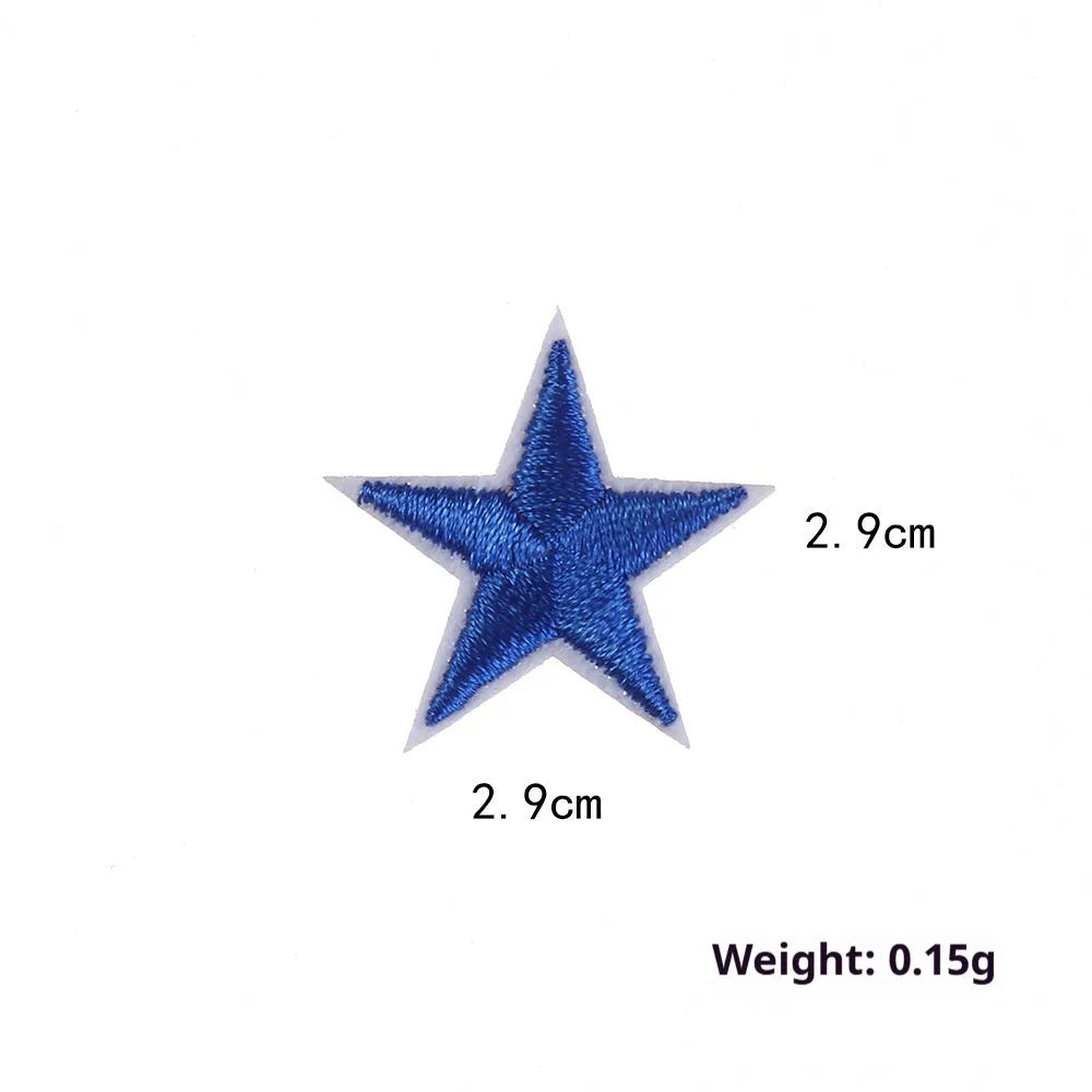 Colourful embroidered five-pointed star designs on cloth sticker labels for DIY clothing customisation.