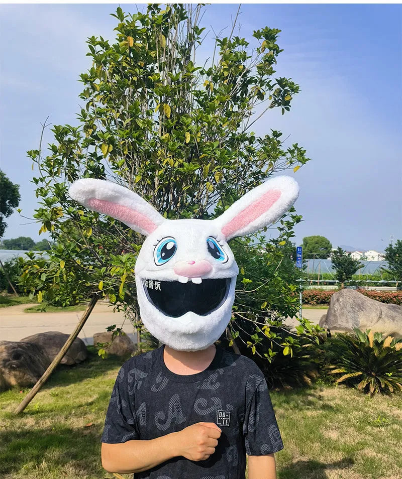 White rabbit head helmet cover for electric motorcycles with plush needle detailing