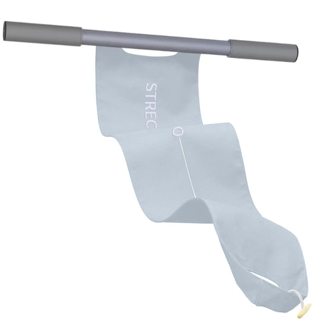 Grey and pink yoga multi-function stretching tool for shoulders, back and hips.
