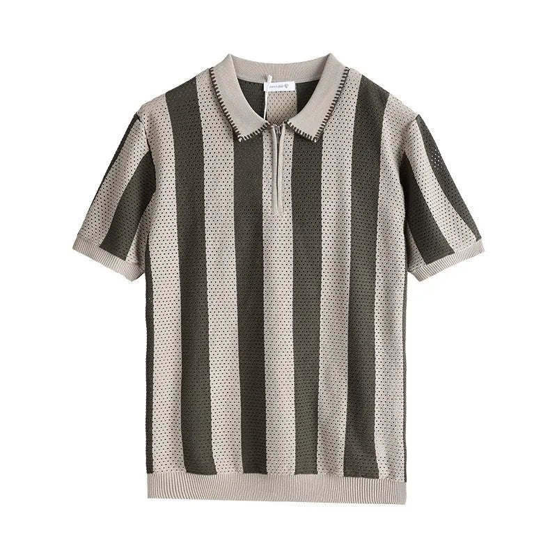 Man wearing a striped ice silk short sleeve sweater with a zipper decoration detail on the front.