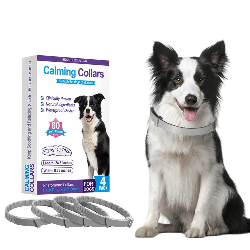 Four dog collars in assorted colours with Chinese style monochrome patterns, TPR material construction