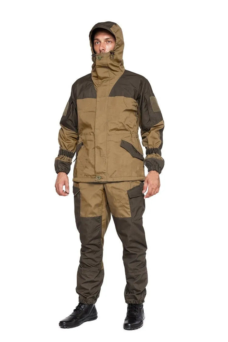 Men's Special Forces tactical camouflage battle suit jacket and trousers set in cotton blend fabric.