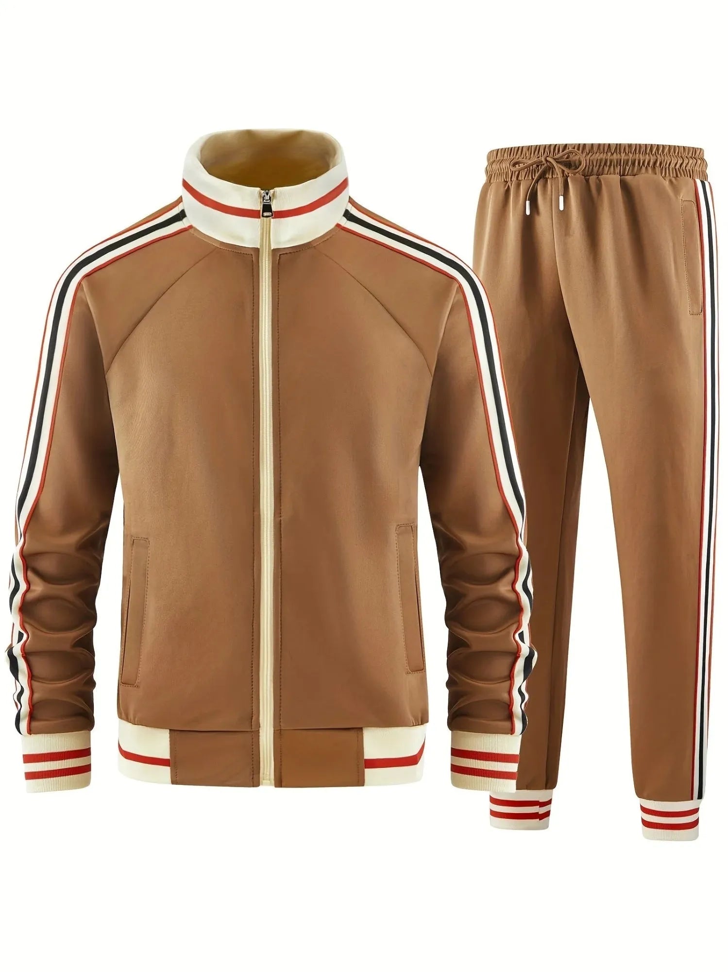Khaki coloured turtleneck zipper cardigan and matching trousers leisure suit on a hanger.