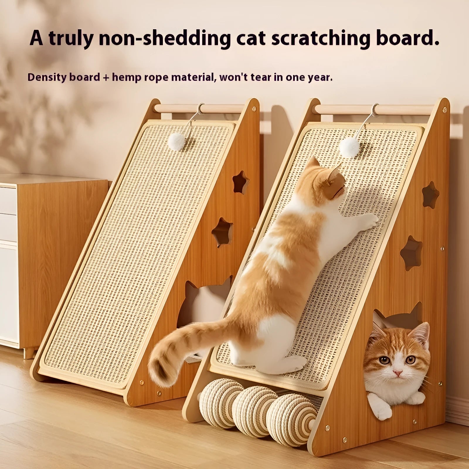 Vertical wall-mount cat scratch board with sisal fabric, hemp rope, and integrated teasing ball