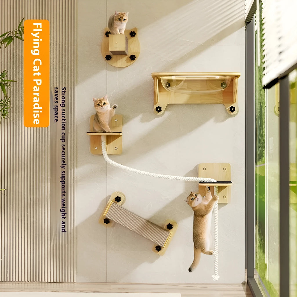 Sisal fabric space capsule cat scratching post mounted on a wall, showing chamfered edges and a suspended perch.