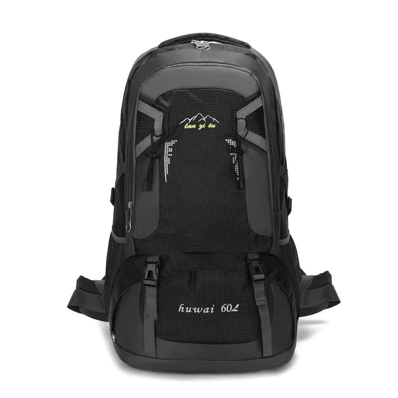 60L black nylon mountaineering backpack with letter print and air pillow belt