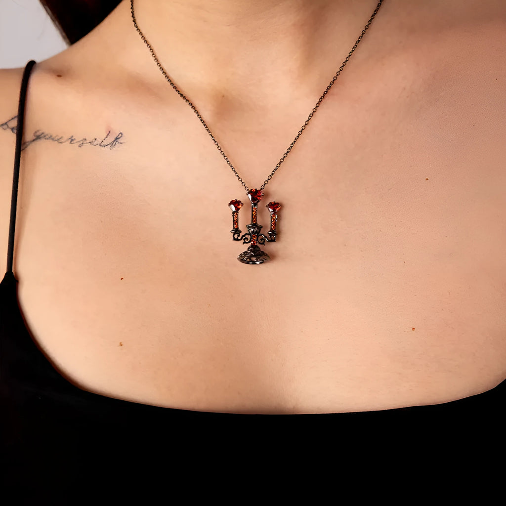 Zinc alloy clavicle necklace with hollow candlestick pendant and gothic cross chain in retro finish