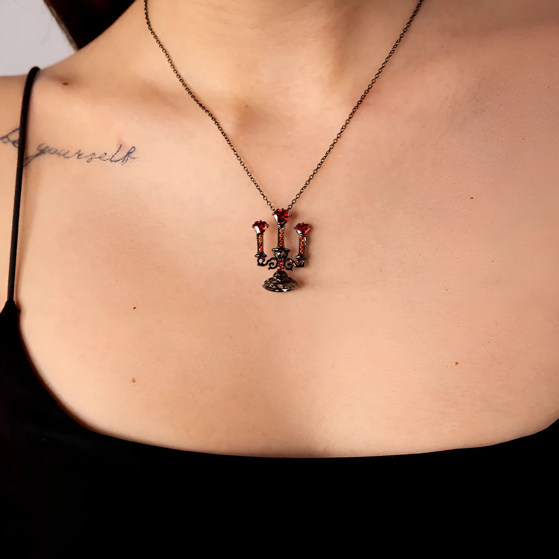 Zinc alloy clavicle necklace with hollow candlestick pendant and gothic cross chain in retro finish