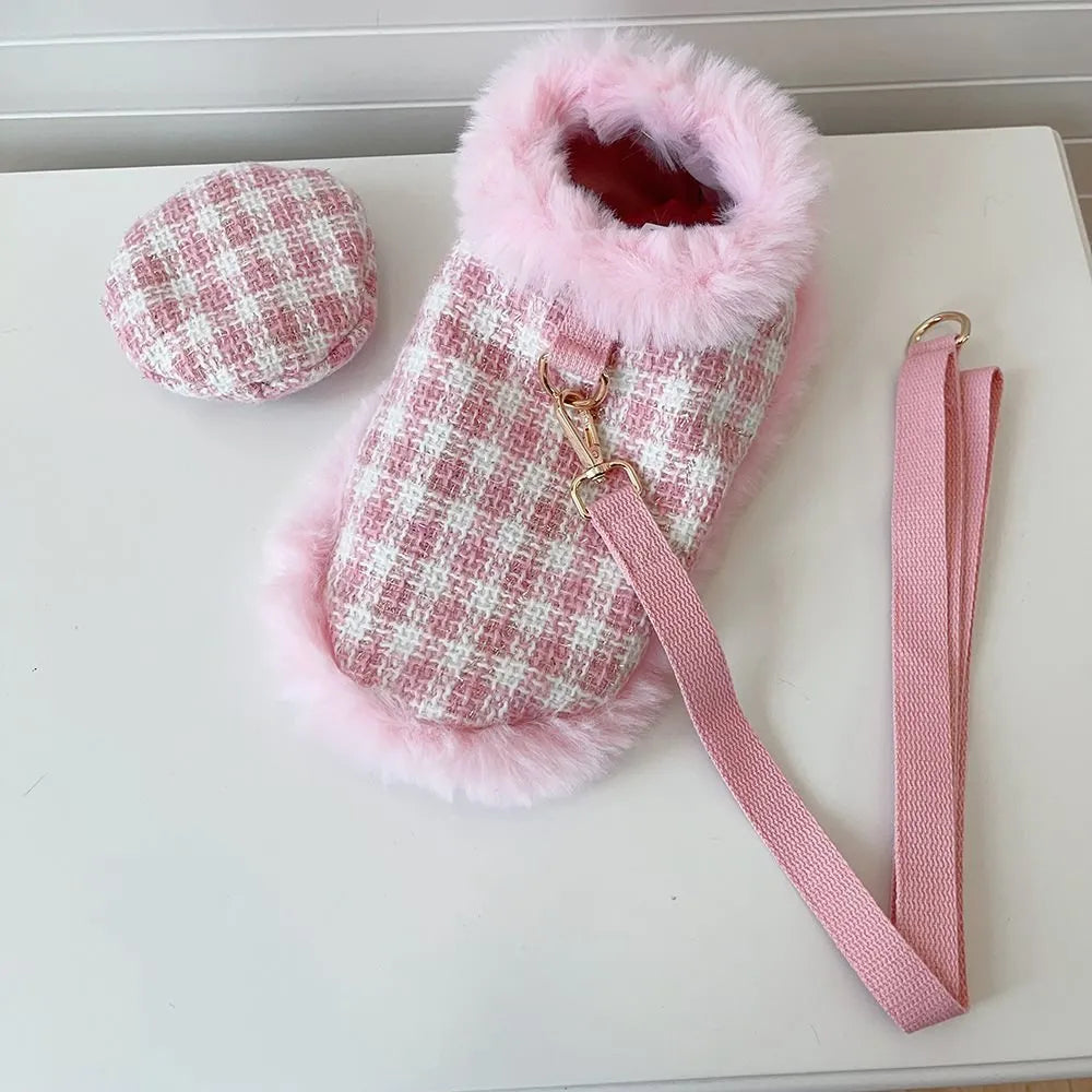 Pink polyester cat traction clothing set with cape, beret, and hand-holding rope in five sizes