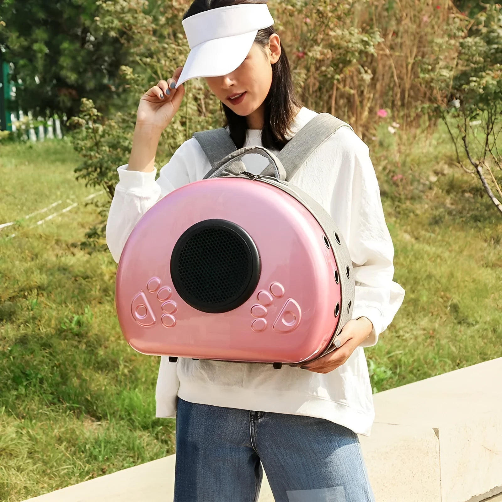 Transparent space capsule cat travel carrier in metallic colours with breathable design