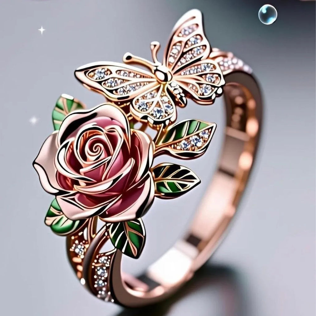 Alloy adjustable ring with oil-dipped butterfly and floral design in fairy style
