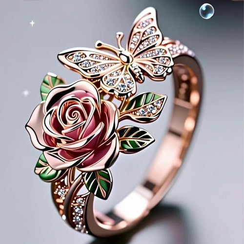 Alloy adjustable ring with oil-dipped butterfly and floral design in fairy style
