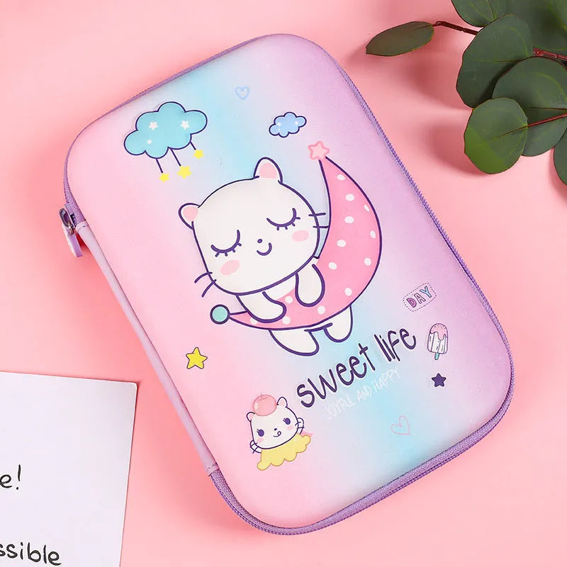 Canvas pencil case with cartoon dinosaur design square shape large capacity stationery organiser