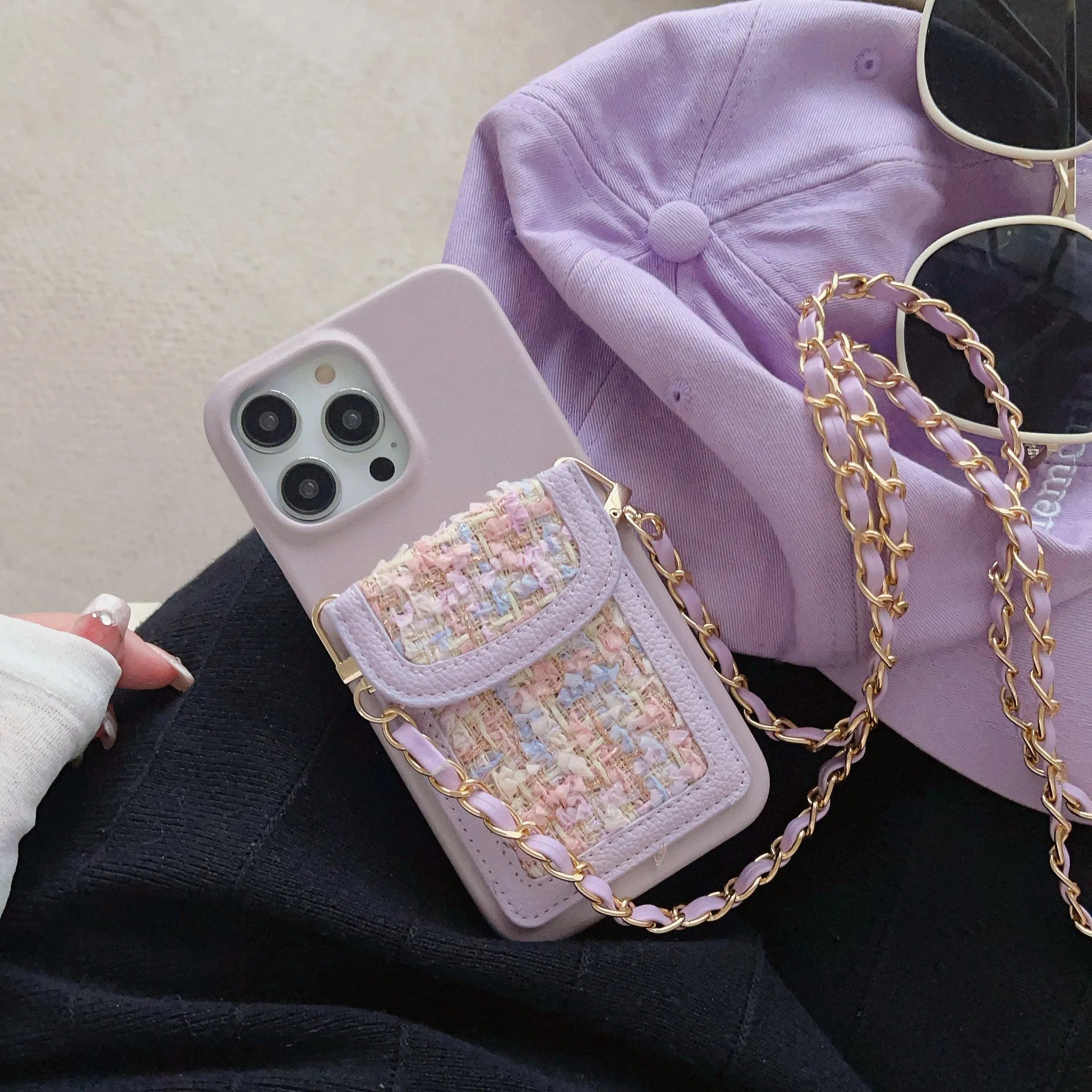 PU leather crossbody phone case with woven chain strap and card holder for iPhone