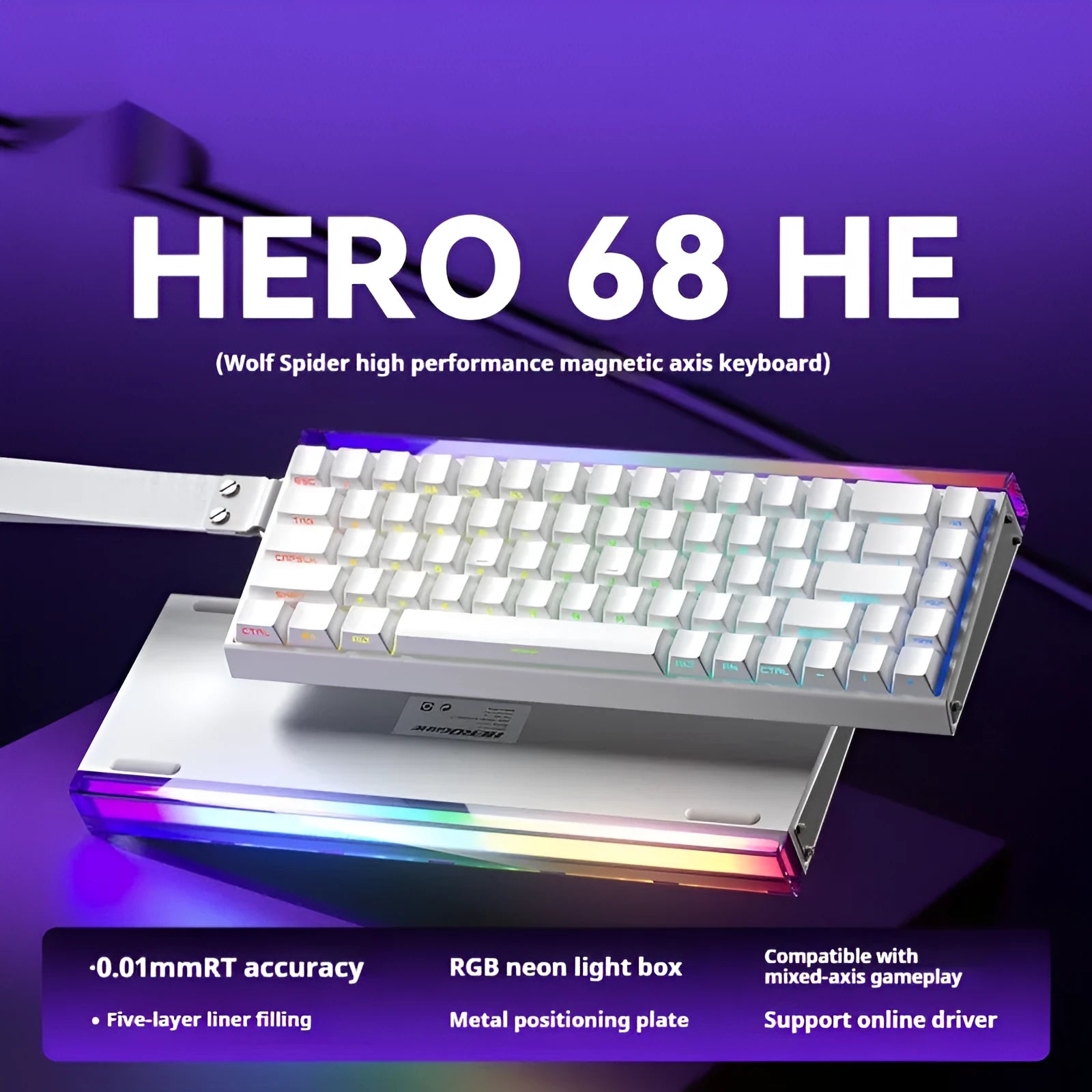 Magnetic axis RGB mechanical keyboard showing side engraving detail and multi-colour backlighting.