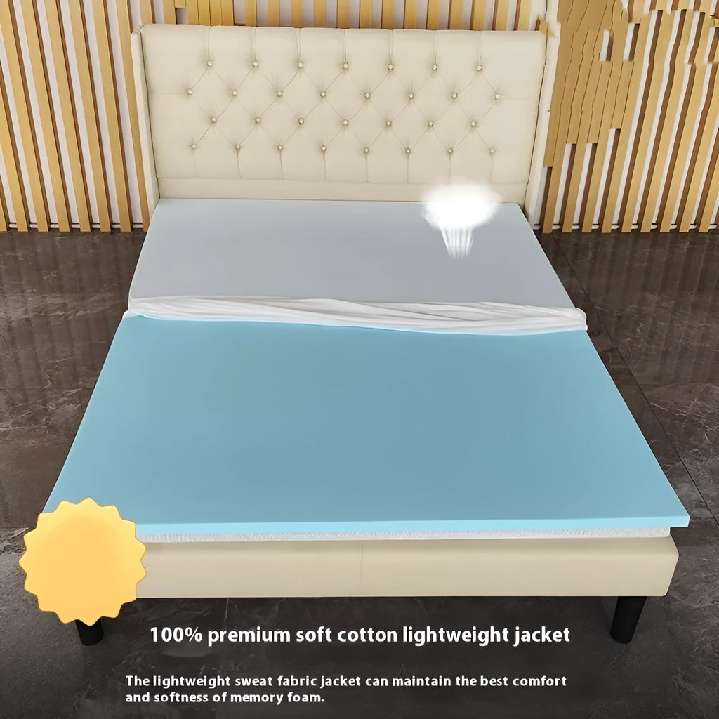 Thin gel memory cotton tatami mattress showing regenerated cellulose fabric surface and artificial latex core.