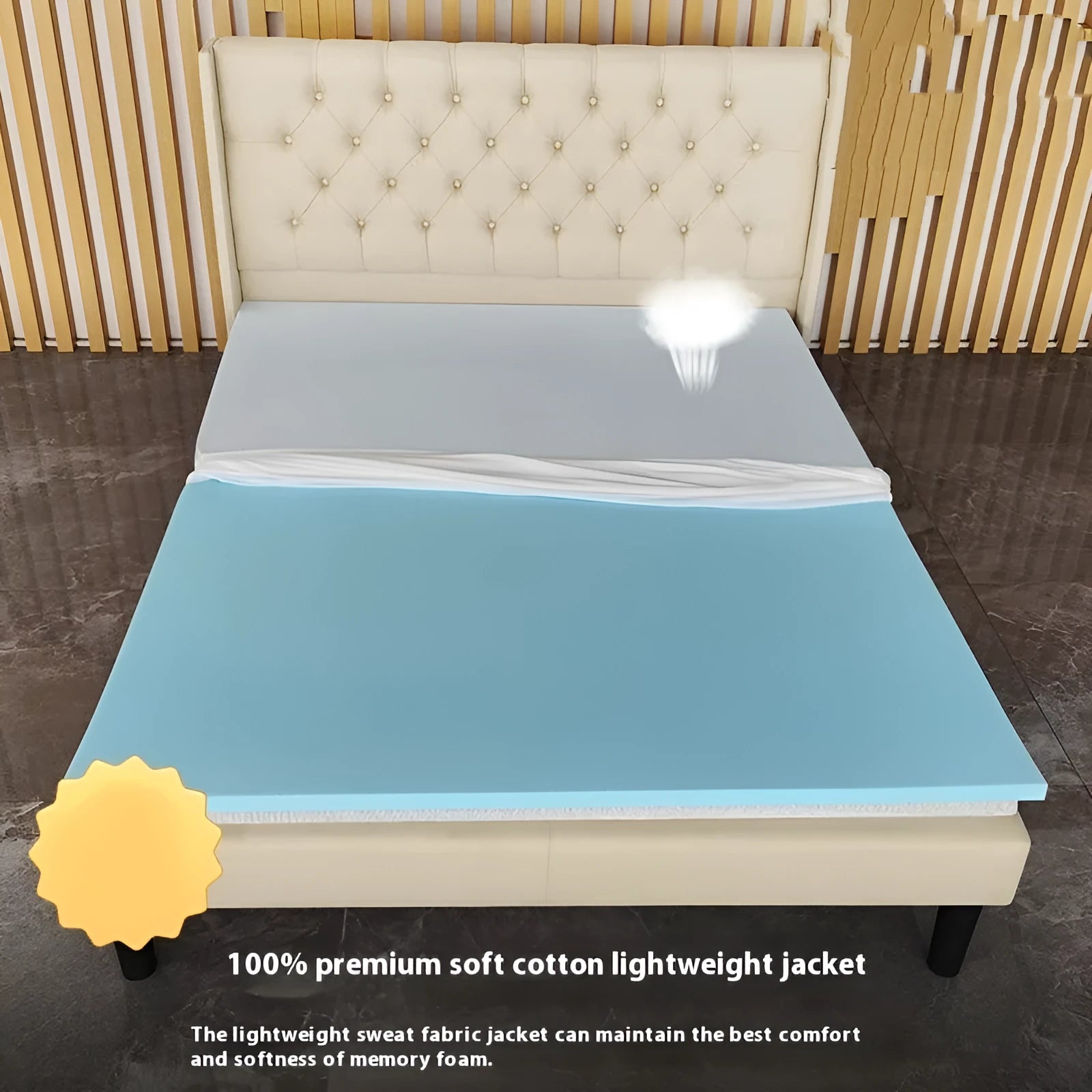 Thin gel memory cotton tatami mattress showing regenerated cellulose fabric surface and artificial latex core.