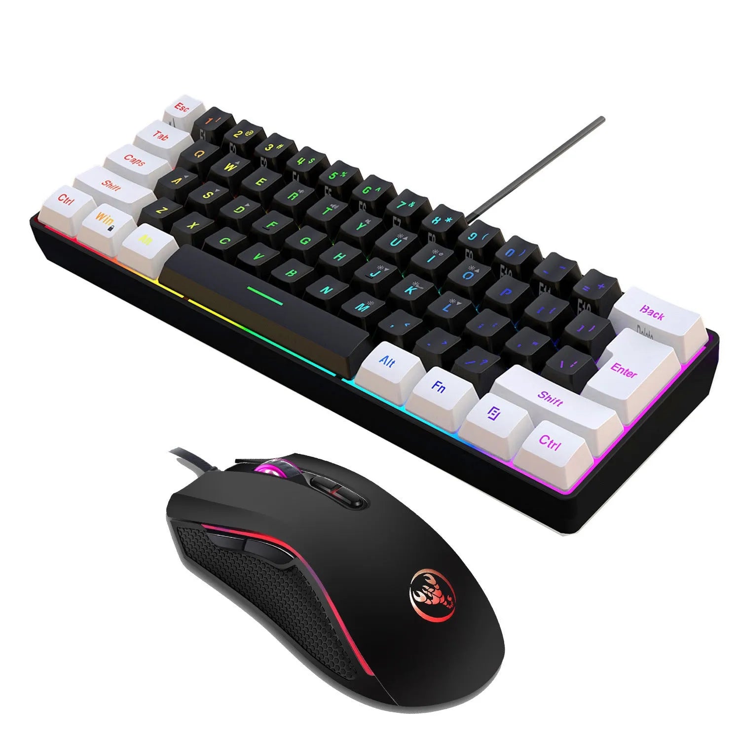 White and black gaming keyboard and mouse set with backlight illumination