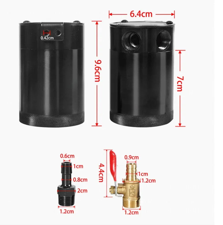 Two-hole aluminium automotive oil can with oil drain valve and connectors for vehicle maintenance