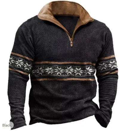 Man wearing a loose-fit, long-sleeve retro printed t-shirt with stripes and zipper decorations.