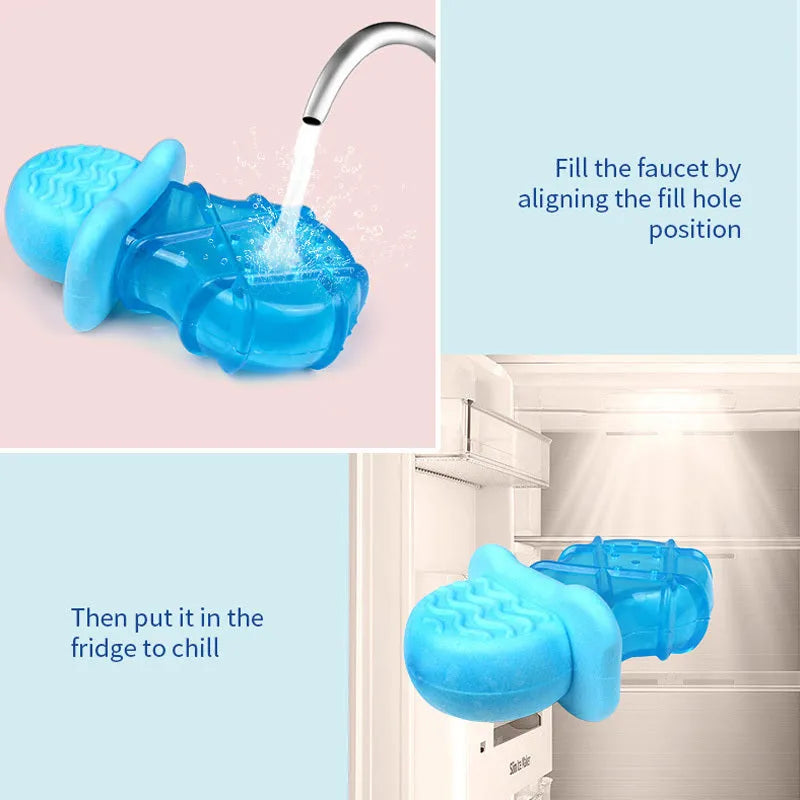 Set of three hollow silicone dog toys: a blue pacifier, a red popsicle, and a green ring for filling with water and freezing.