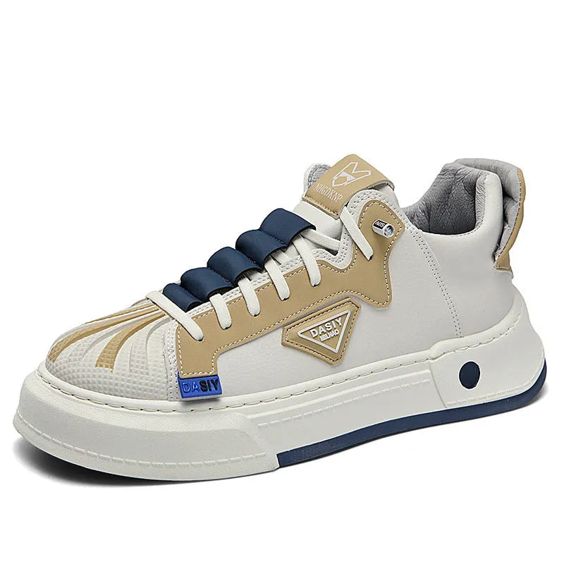 Men's beige low-top sneakers with elastic band closure and leather stitching detailing