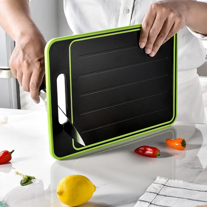 Square grey aluminium double-sided cutting board with defrosting function, built-in knife sharpener, and grinding teeth for garlic prep