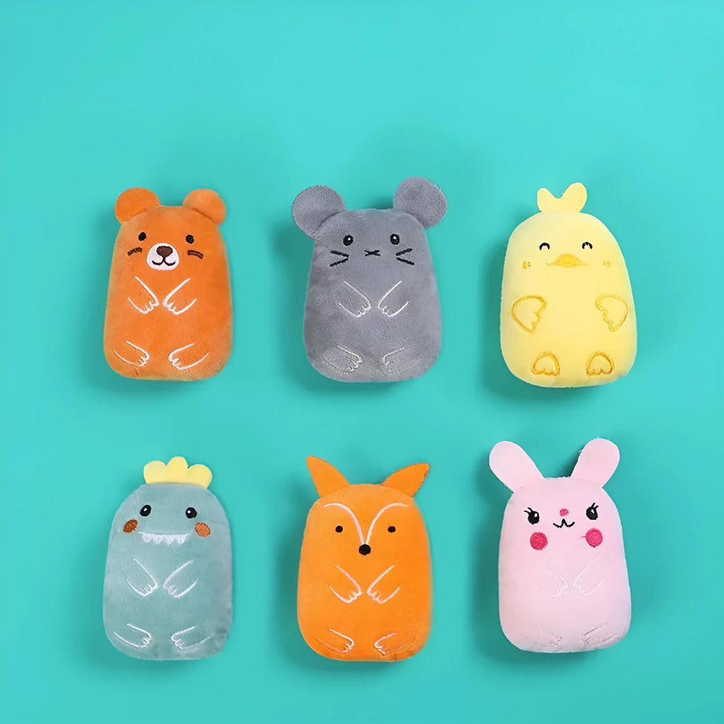 Plush catnip toy for teeth grinding measuring 11x8x4.5cm in various colours