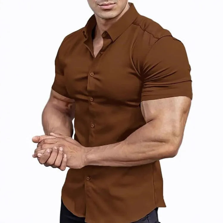 Men's brown short sleeve casual cardigan shirt with a collar.