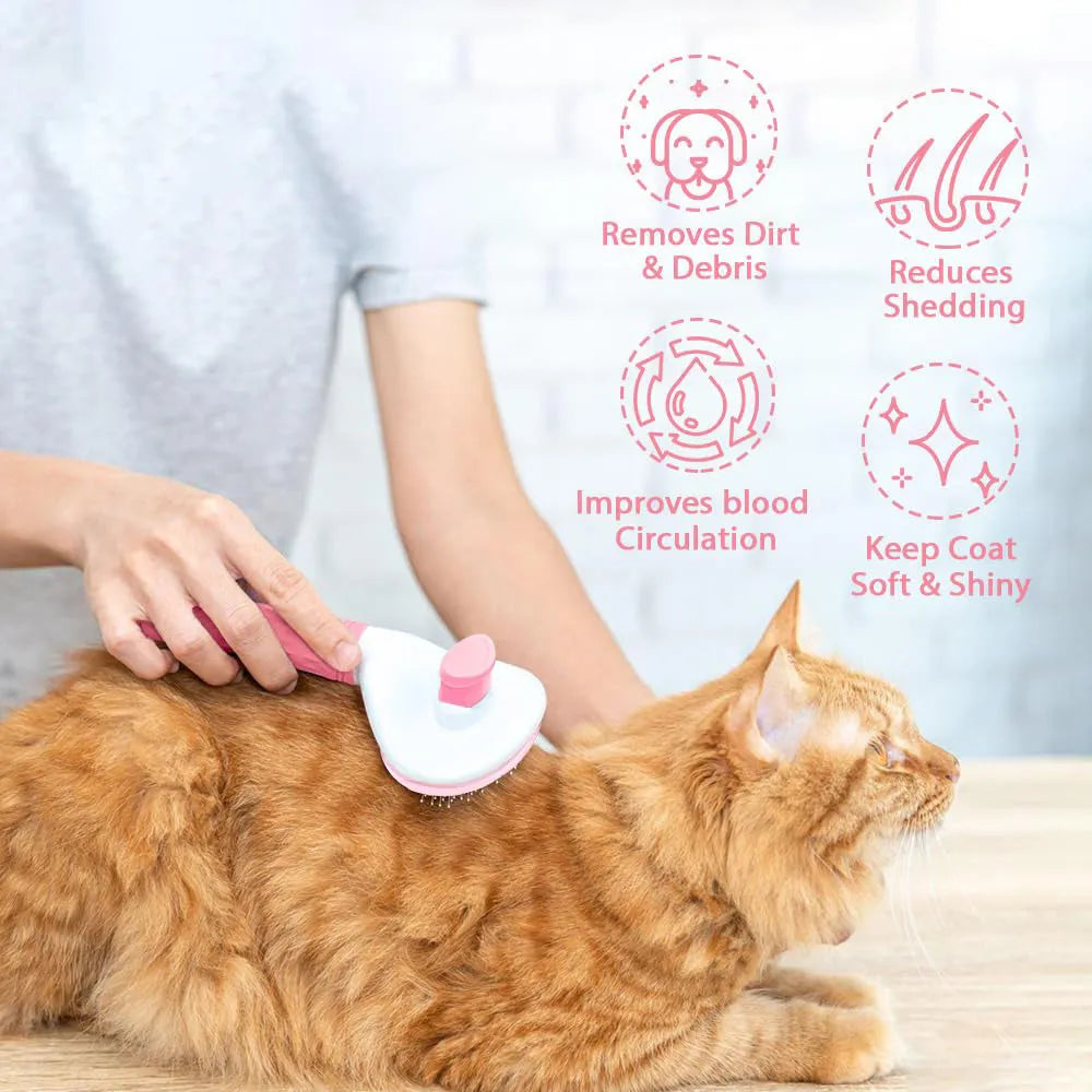 Cat grooming brush with release button in blue, grey, or pink colours for removing loose fur and tangles
