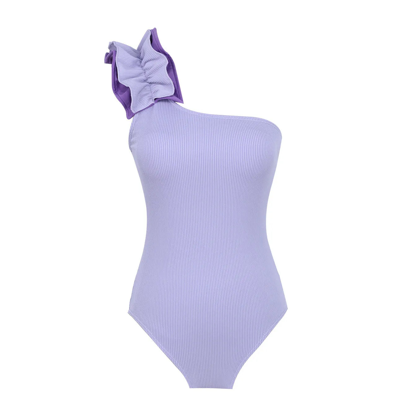Women's single-shoulder suspender one-piece swimsuit with high waist design in solid colour