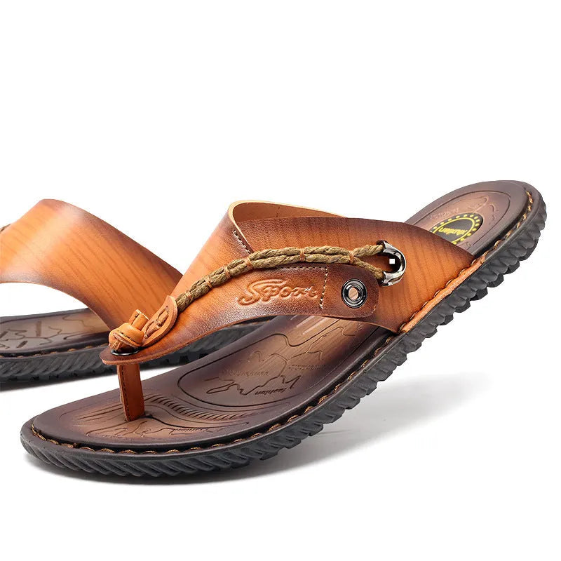 Men's non-slip slippers with PU leather uppers in black, light brown, blue, and khaki colour options