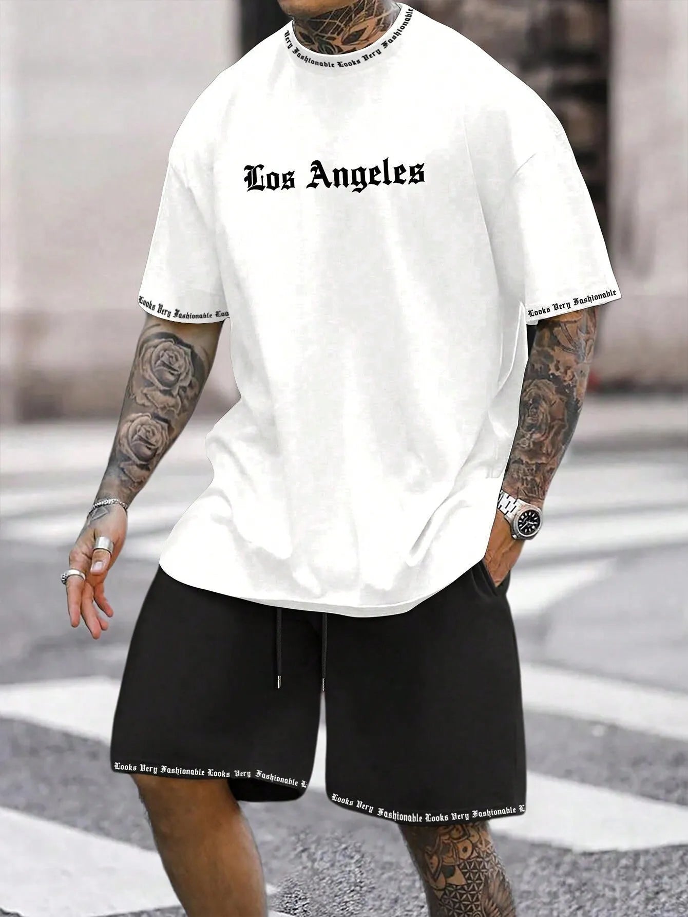 Sports style short-sleeved shorts set with printing pattern in polyester blend fabric