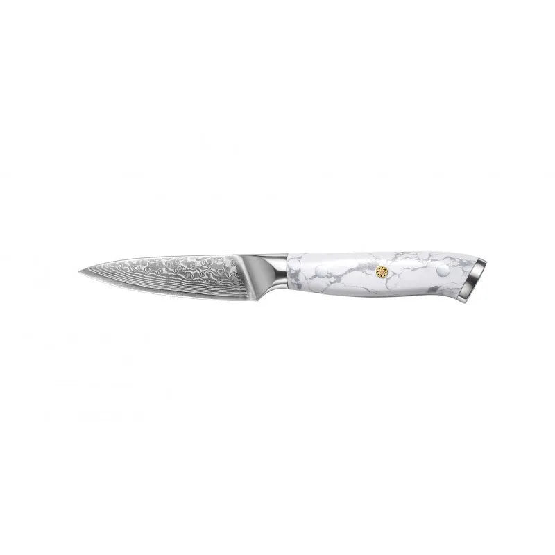 Damascus style combined chef's knife with VG10 steel blade, 21cm blade length on a wooden surface.