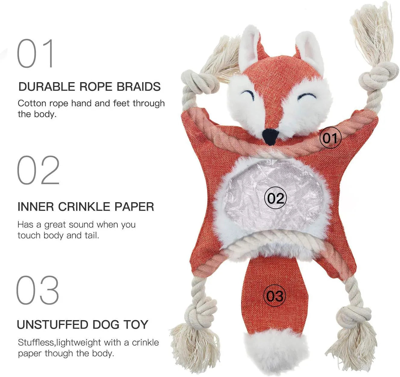 Brown fox-shaped plush dog toy with embroidered eyes, cotton rope limbs, and a squeaker.