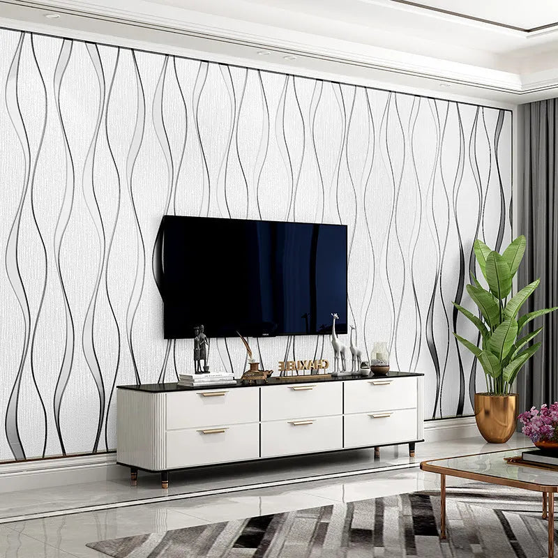 Roll of curve stripe patterned 3D wallpaper in dark brown deerskin velvet texture for video wall backgrounds.