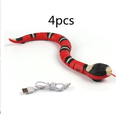 Smart sensing electronic snake cat toy with segmented plastic body and USB charging cable.