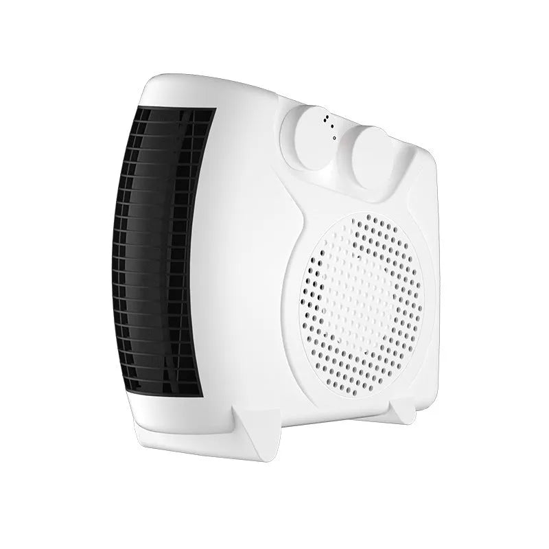 White compact electric heater on desktop with power adjustment controls