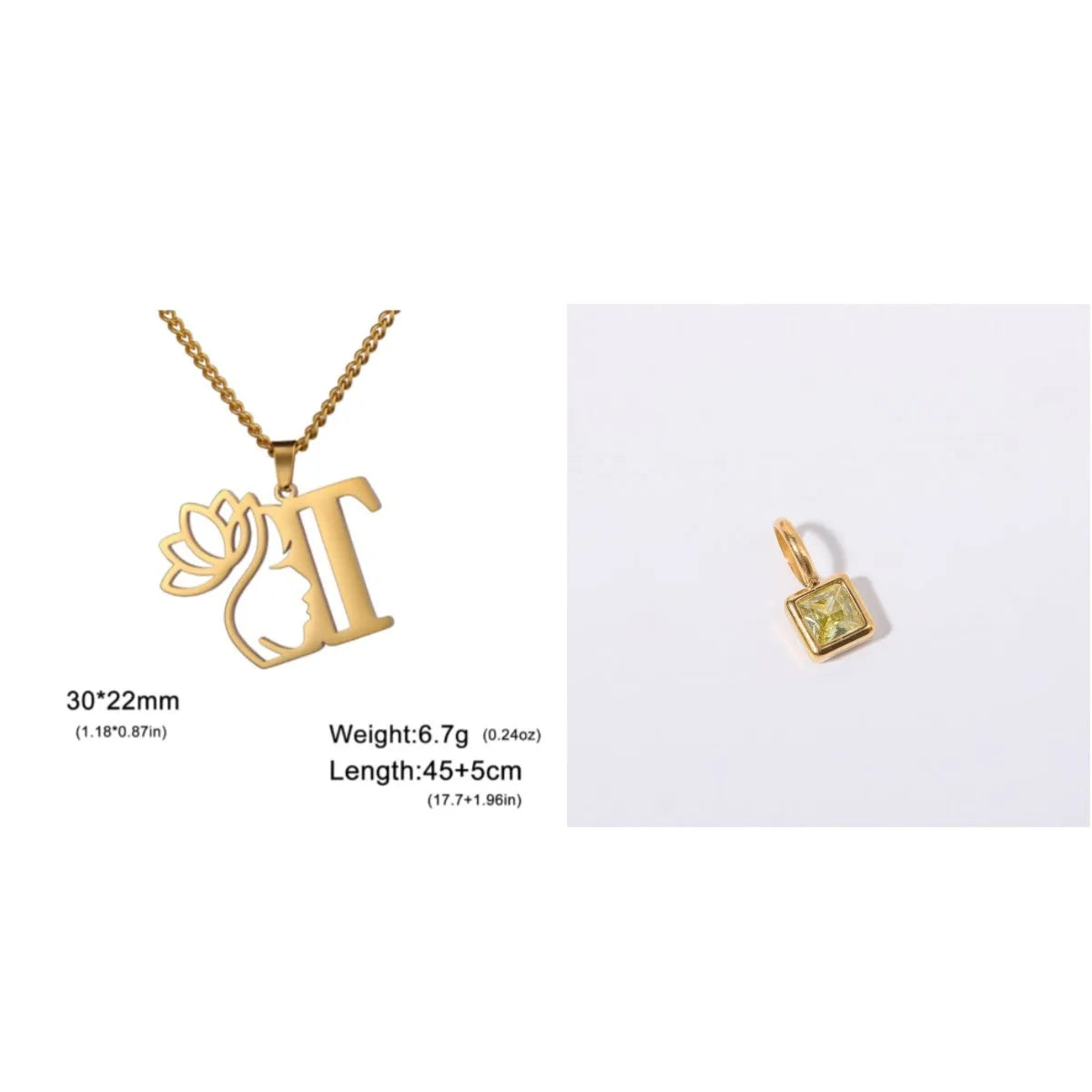 Stainless steel necklace with a single alphabet letter pendant on a cross chain, in gold or silver colour.