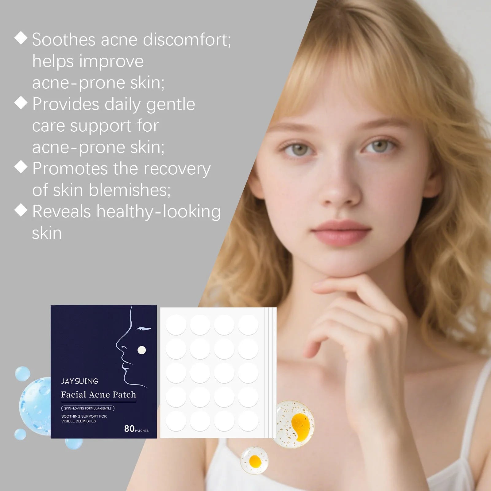 Pack of 80 breathable hydro-colloid acne patches for facial spot treatment