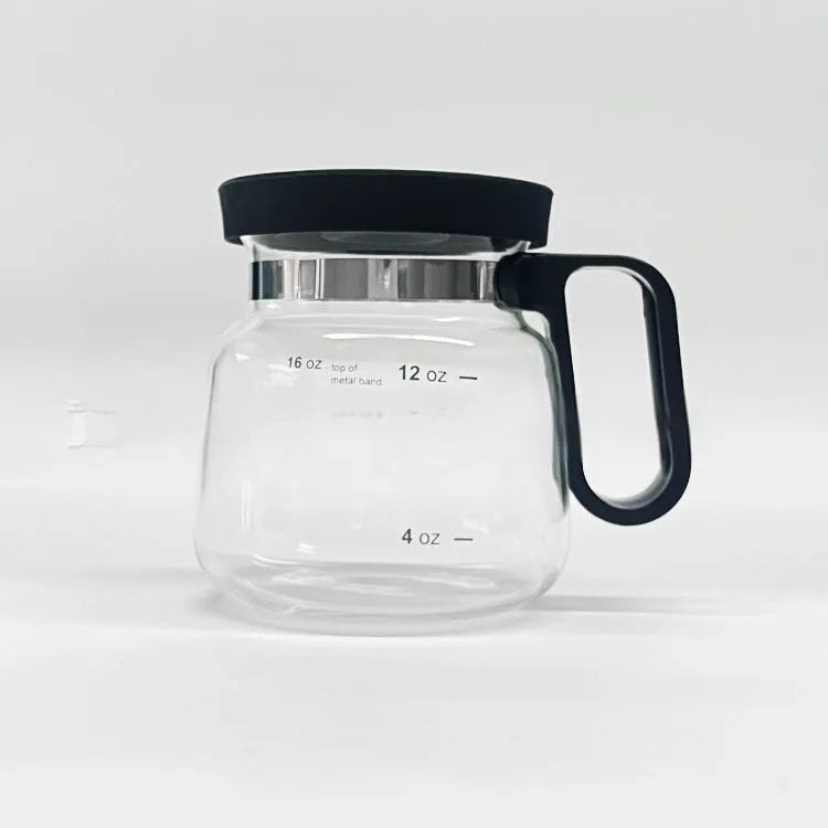 Transparent borosilicate glass coffee maker with silicone cover showing 355-473ml capacity range