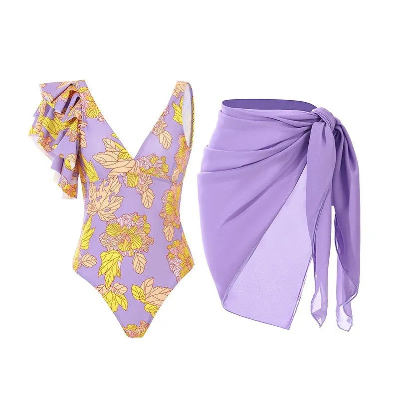 Women's solid colour one-piece swimsuit with spaghetti straps and removable skirt