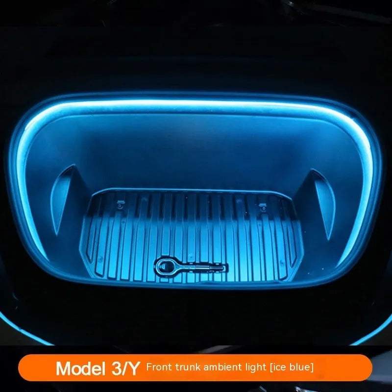 Tesla Model 3 and Y front centre console soft silicone ambience light in ice blue, pure white, and warm white options.
