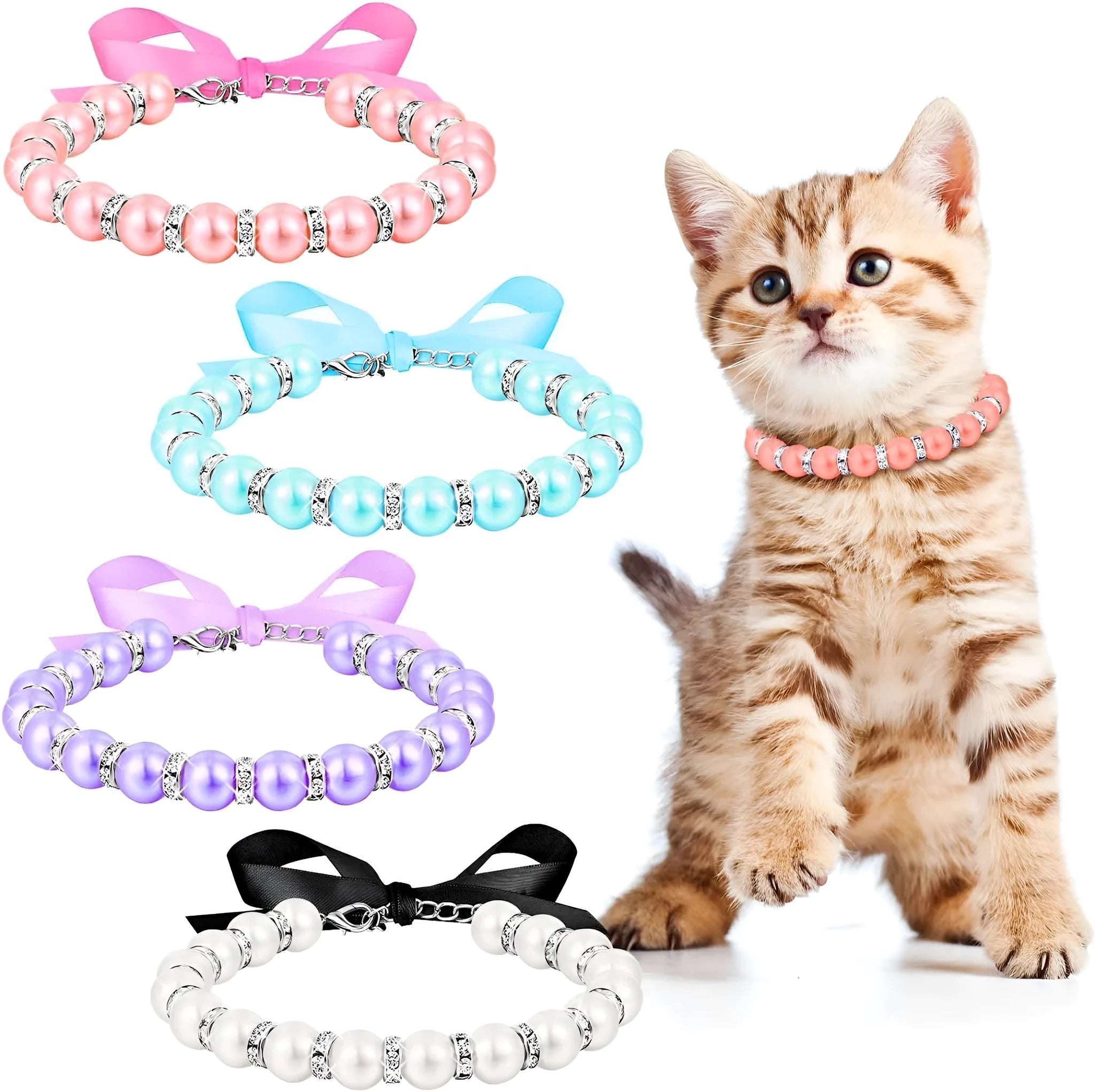 Small dog wearing a blue adjustable pearl and rhinestone necklace with a ribbon bow.