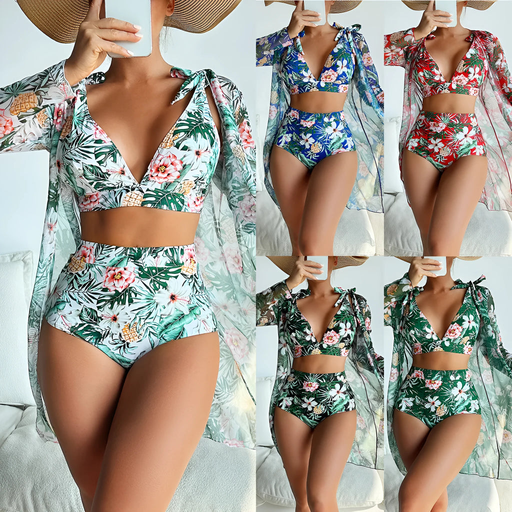 Women's multicolour printed bikini three-piece set showing sunscreen shirt, bra, and shorts.