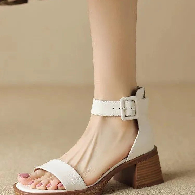 Women's retro ankle-strap platform high heels in khaki and white with round toe design