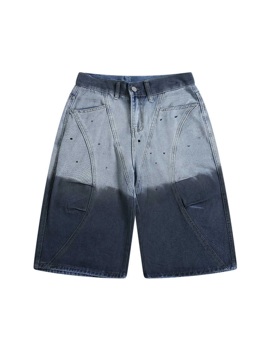Tie-dye gradient blue cropped jeans with washed-out finish and loose fit design