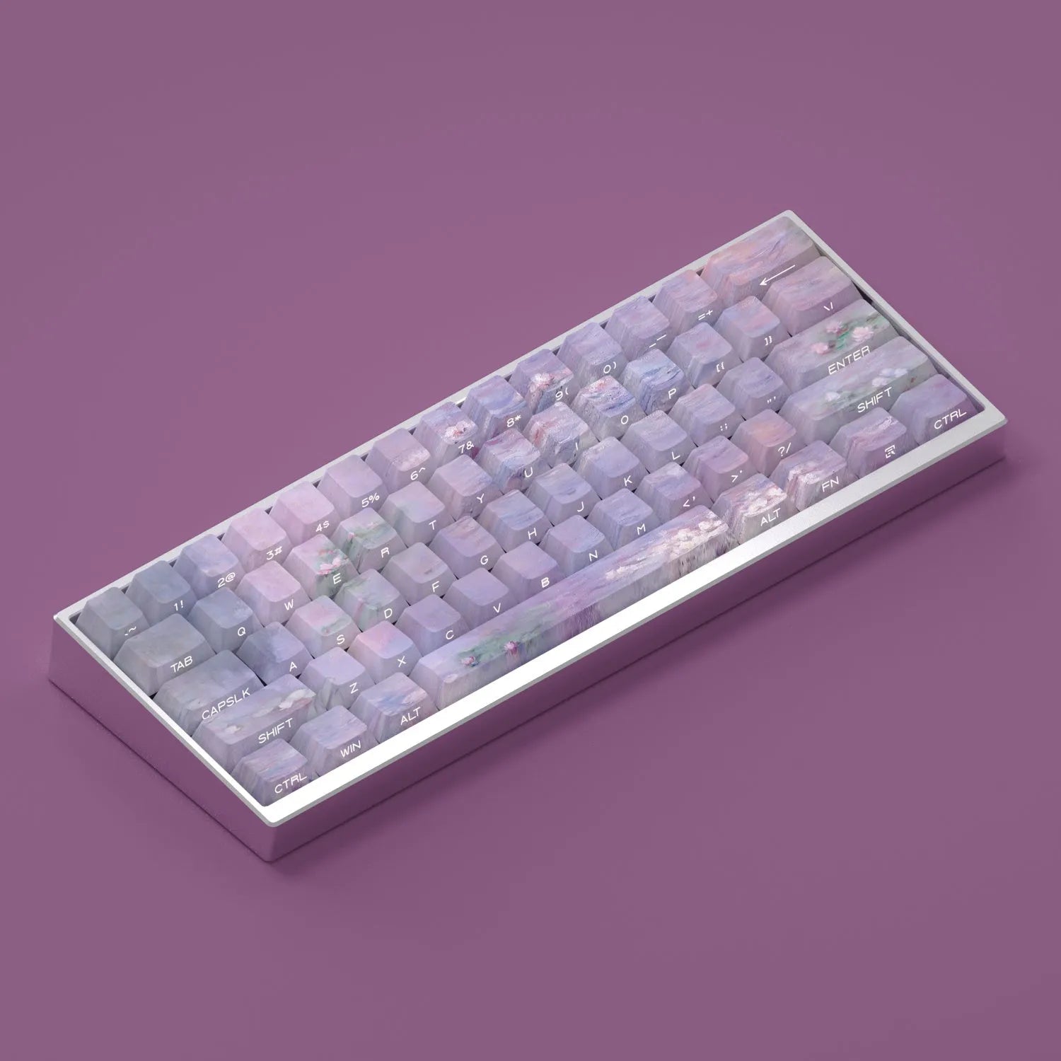 Sleeping lotus themed PBT keycap set with side-carved transparent characters for mechanical keyboards
